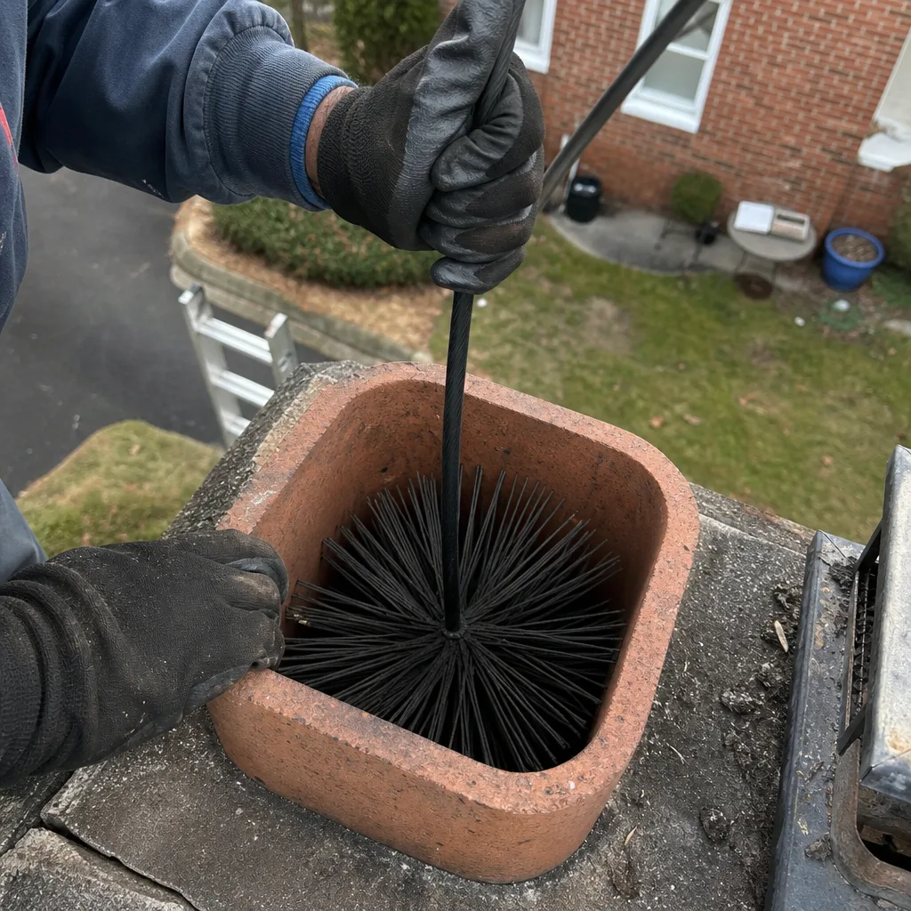 Professional chimney sweep cleaning a brick chimney flue with a brush