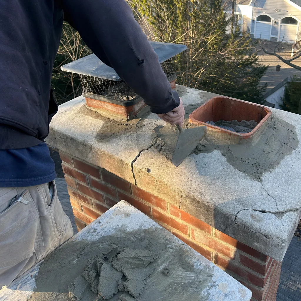 Professional technician performing chimney crown repair with mortar and trowel