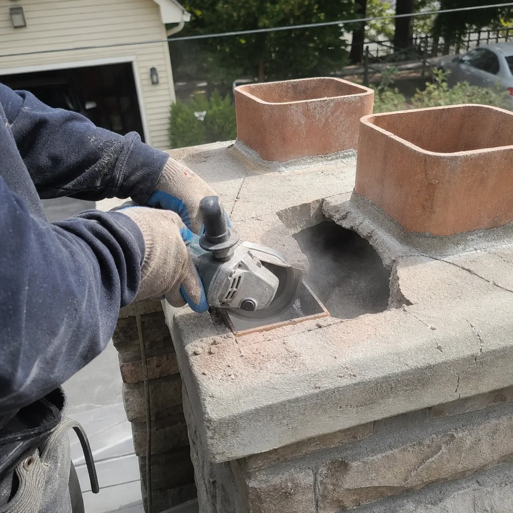 Technician using an angle grinder for chimney masonry repair
