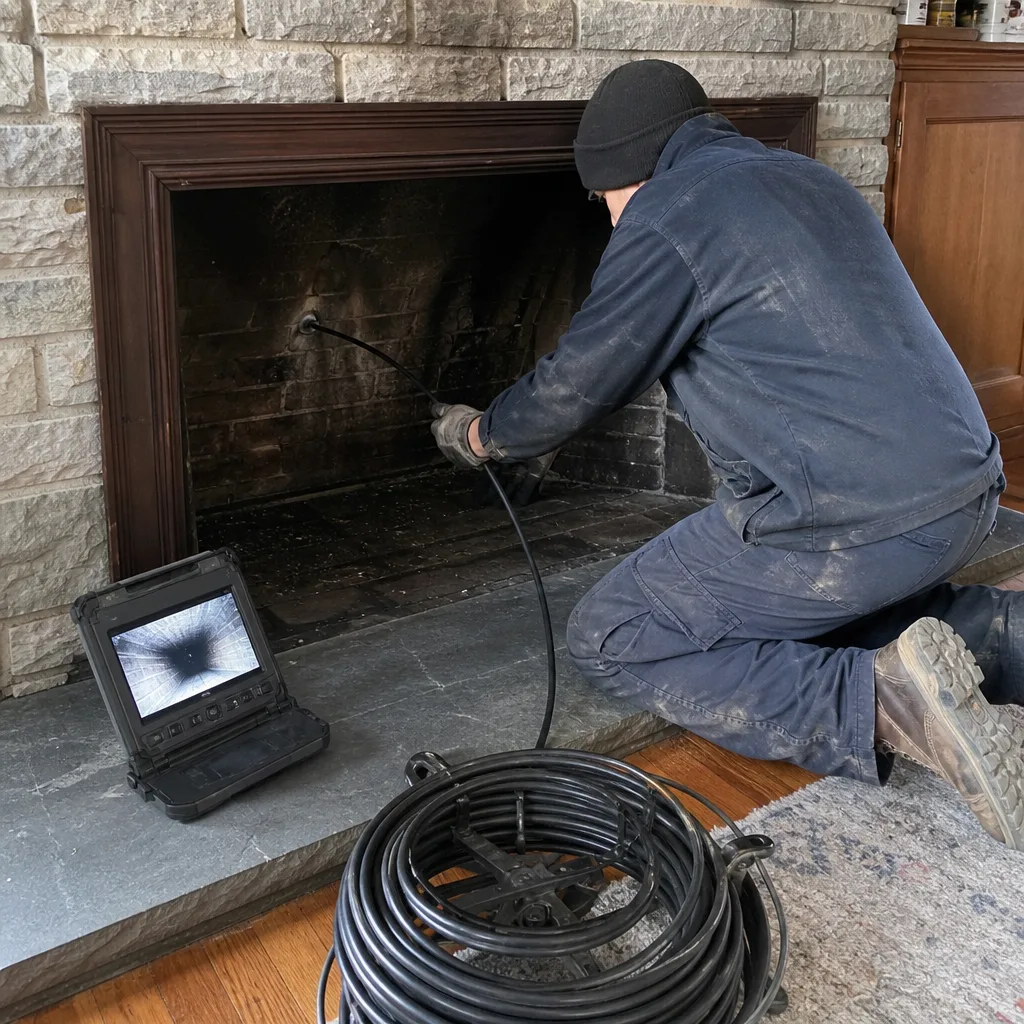 Technician performing a professional fireplace chimney inspection with a camera