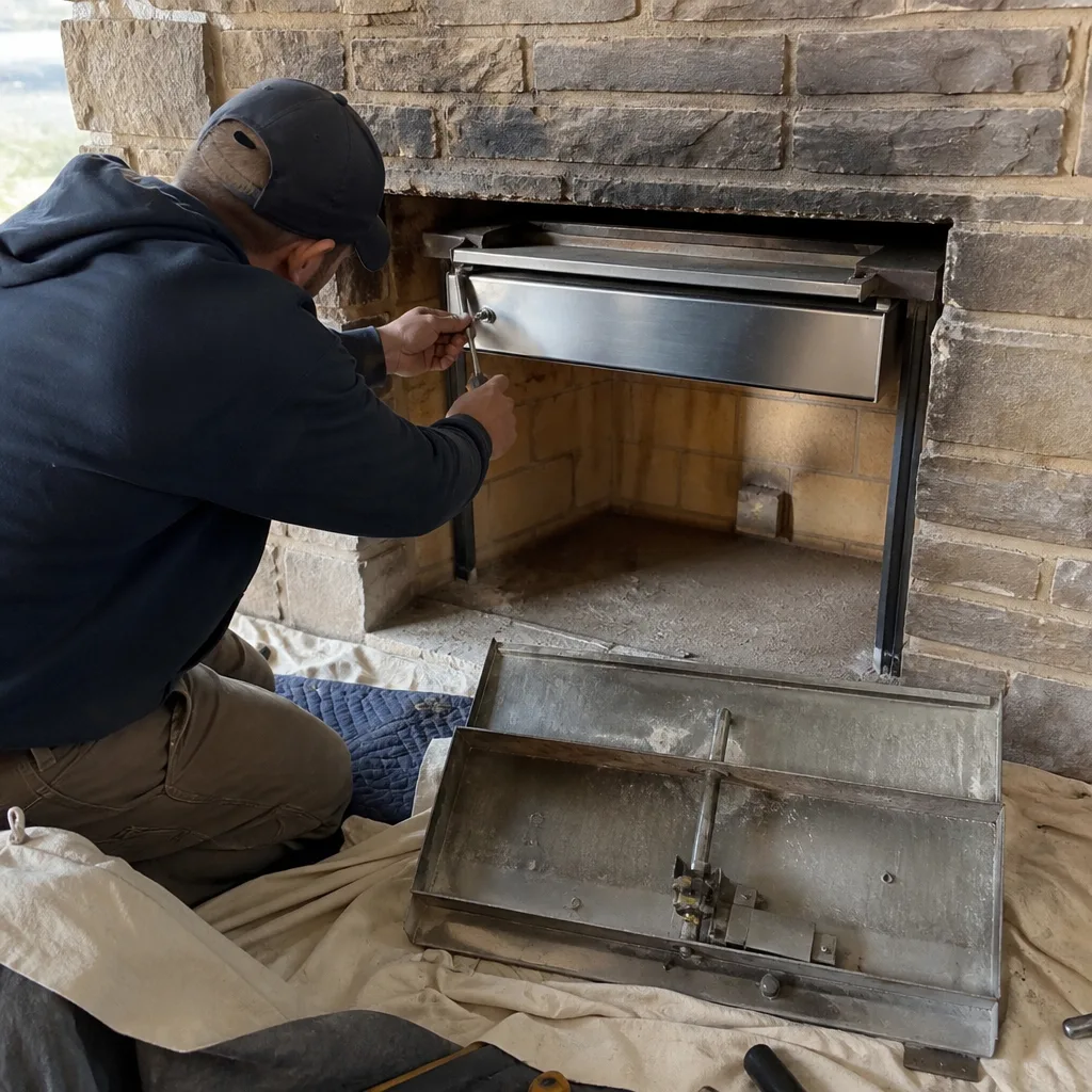 Technician performing maintenance on a stainless steel fireplace insert